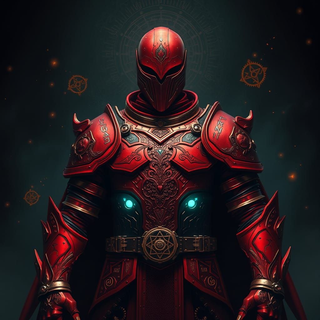 The Watcher in Crimson Armor with Mystical Glyphs