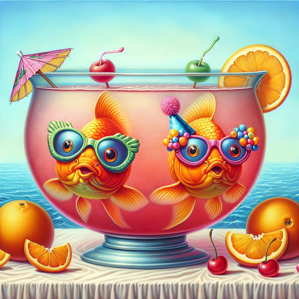 Festive Goldfish Party in Wet Oil Painting Style