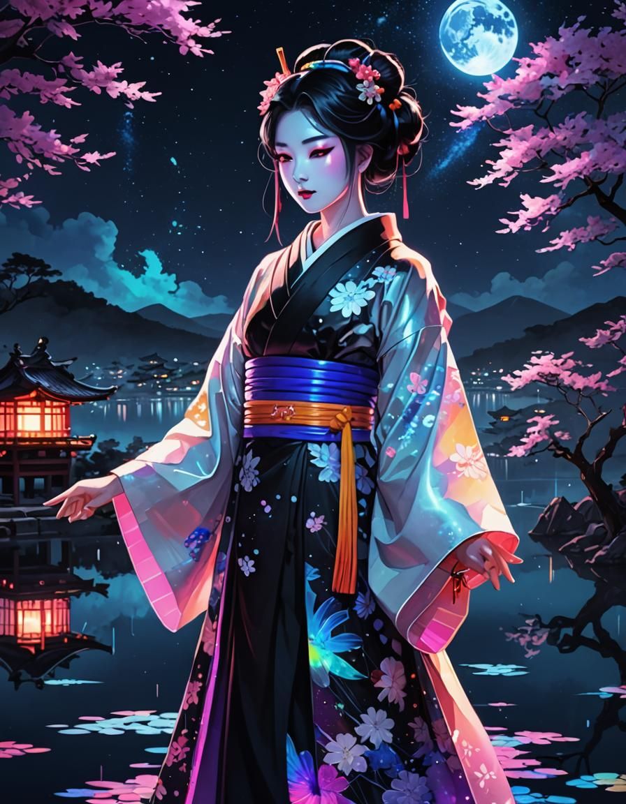 Holographic Geisha with Galaxy Background in Anime Style