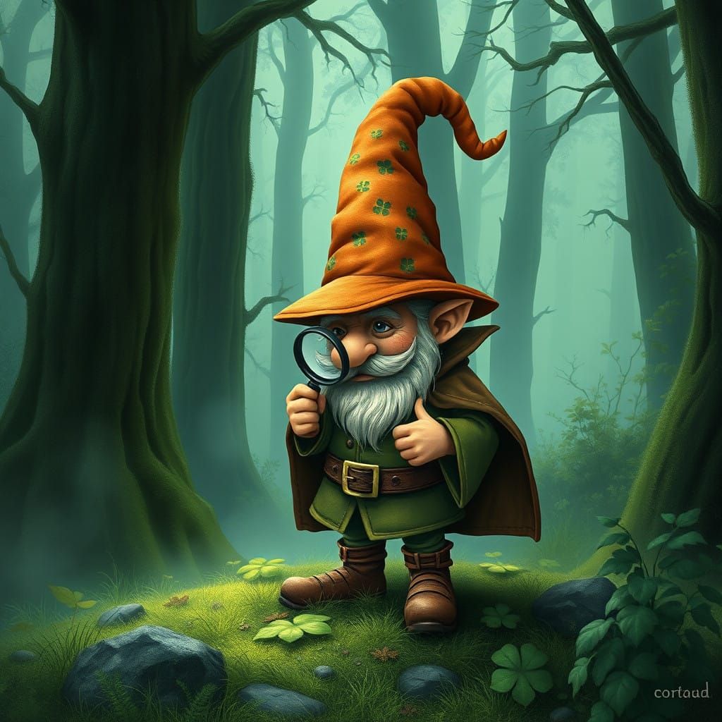Whimsical Gnome Detective in Emerald Irish Forest