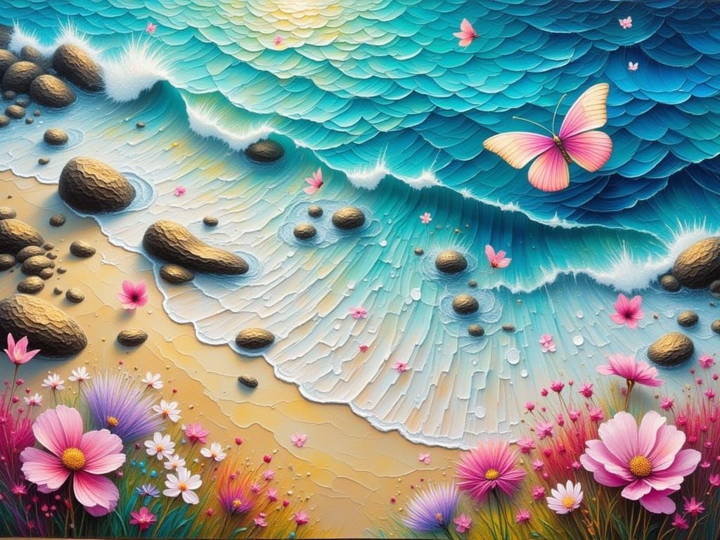 Impasto Beach Scene with Pink Butterflies in Vibrant Colors
