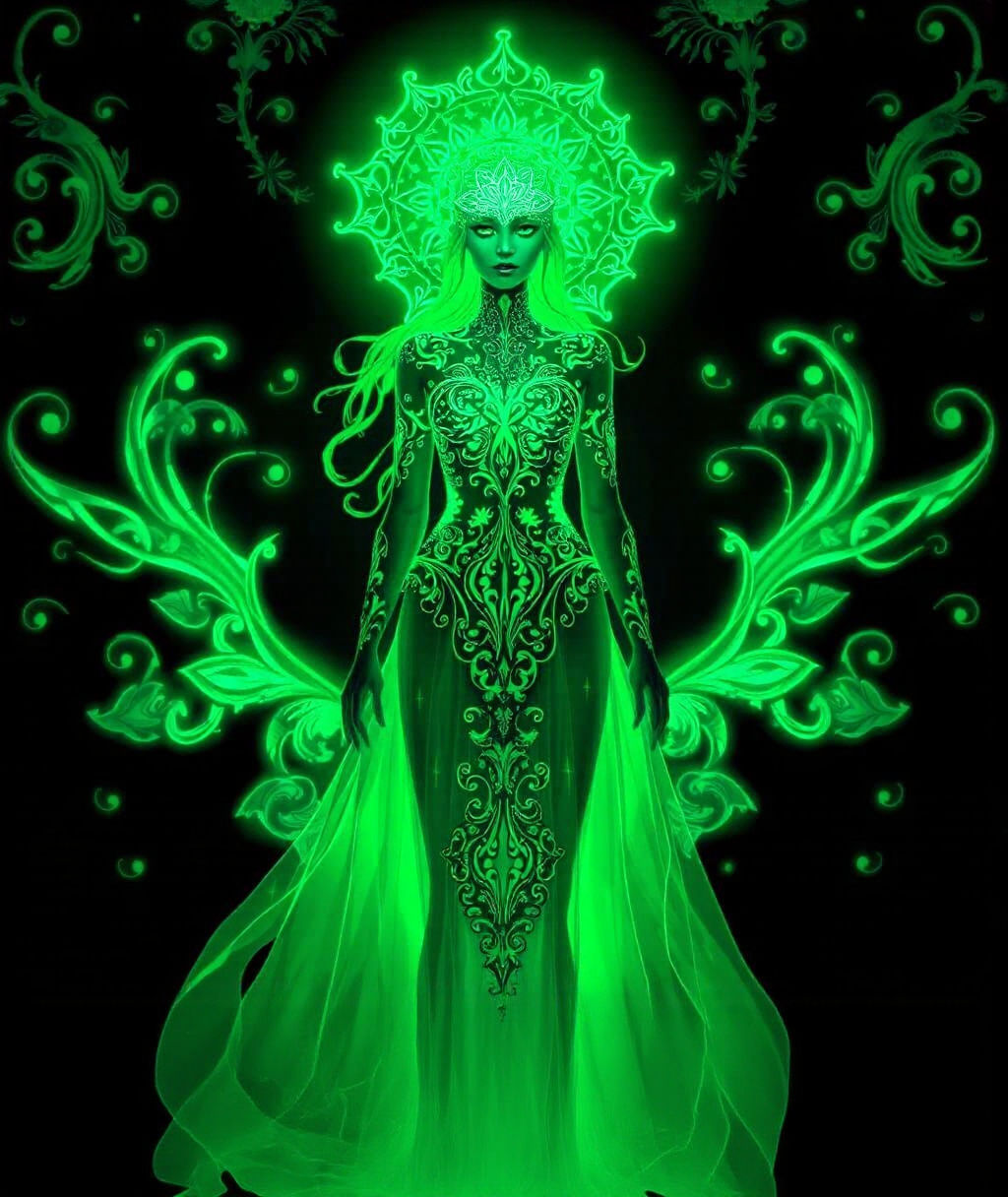 Ethereal Bioluminescent Maiden with Green Filigree Designs