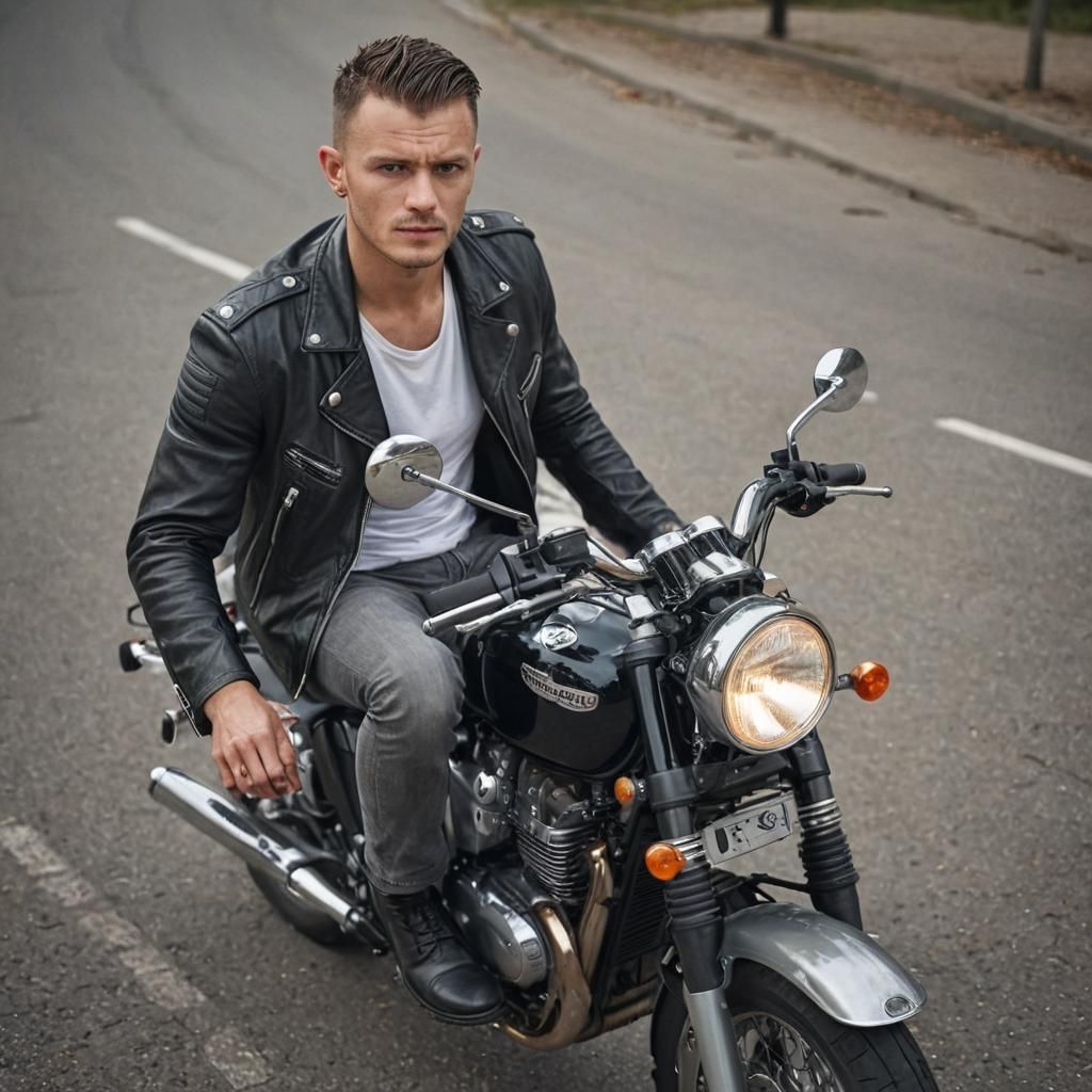 Man on Triumph Bonneville Motorcycle, Photorealistic Style