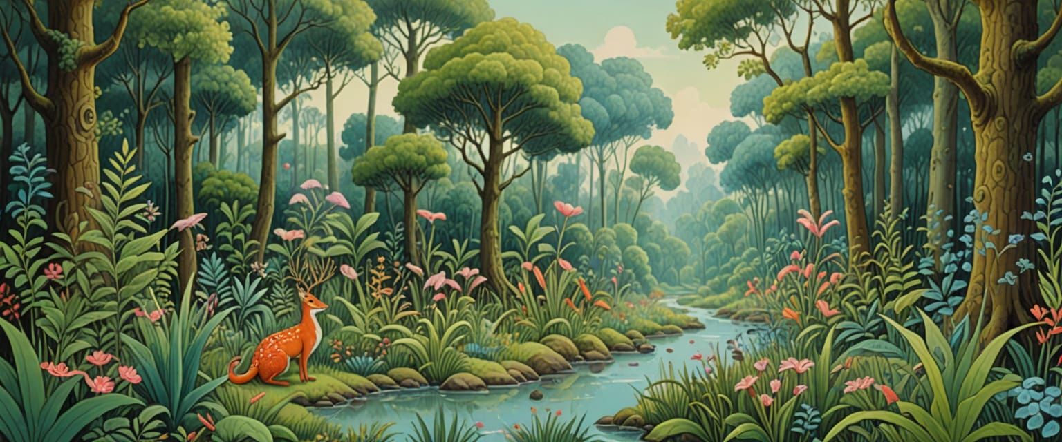 Mystical Forest Glade in Naive Folk Art Style