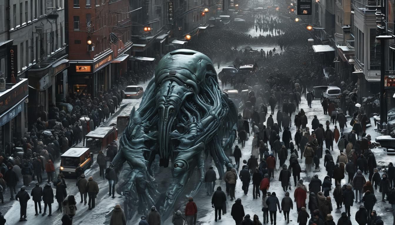 Alien Creature Moving Along City Street Filled With Mostly H...