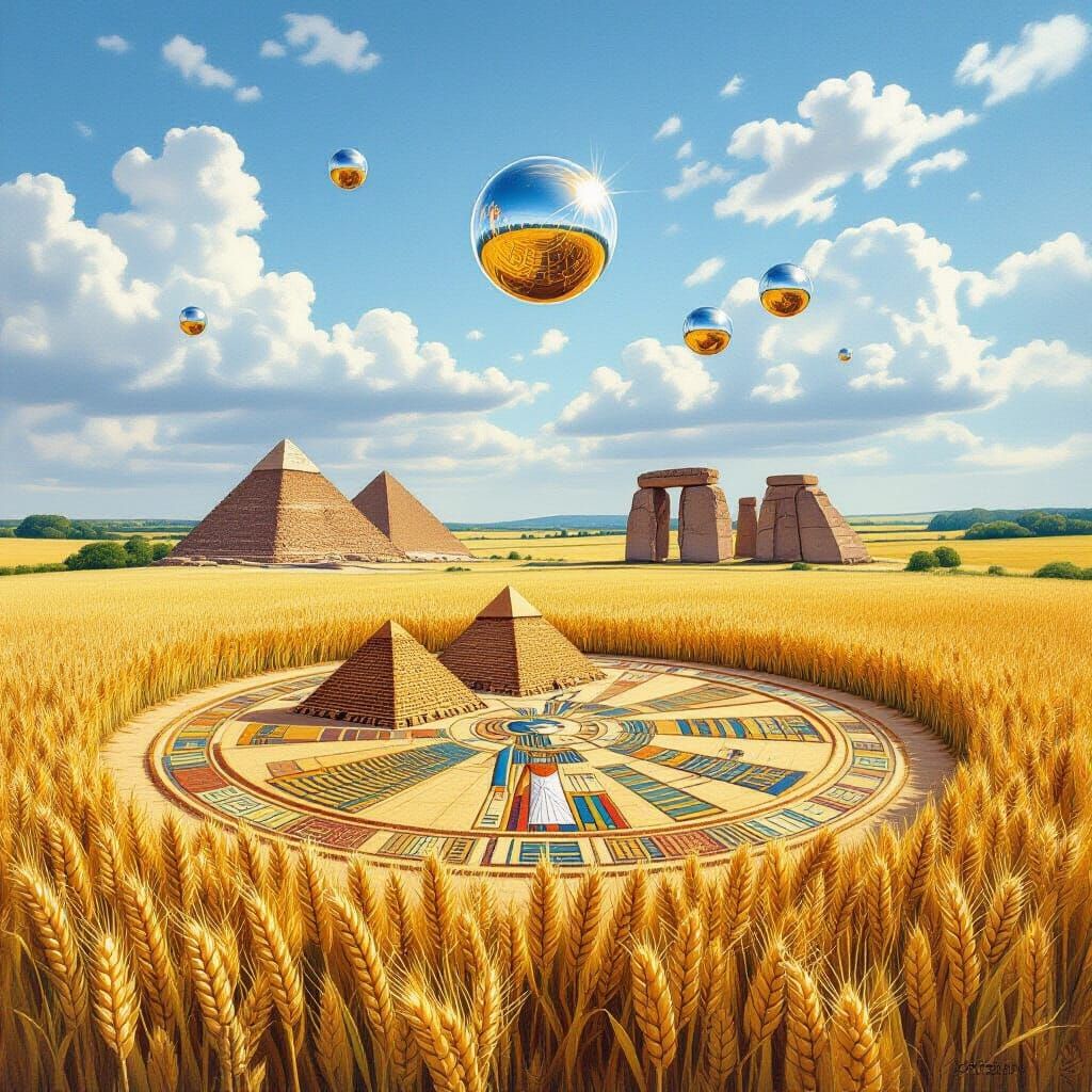 Crop Circle with Pyramids and Stonehenge