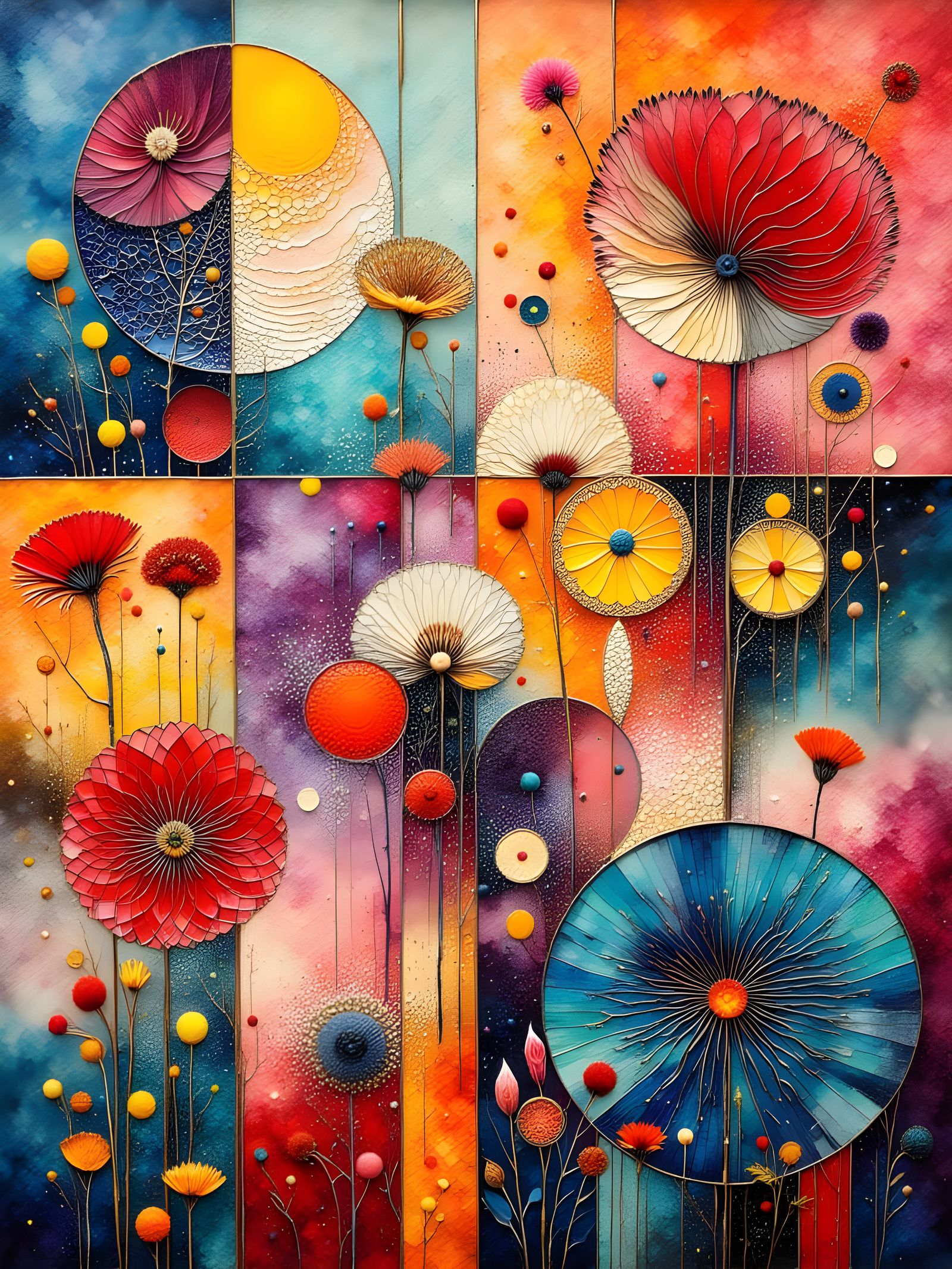 Abstract Geometric Floral Painting in Art Deco Style