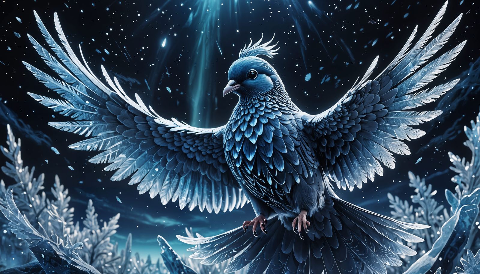 Icy Blue Pigeon with Polar Lights: 3D Anime Art
