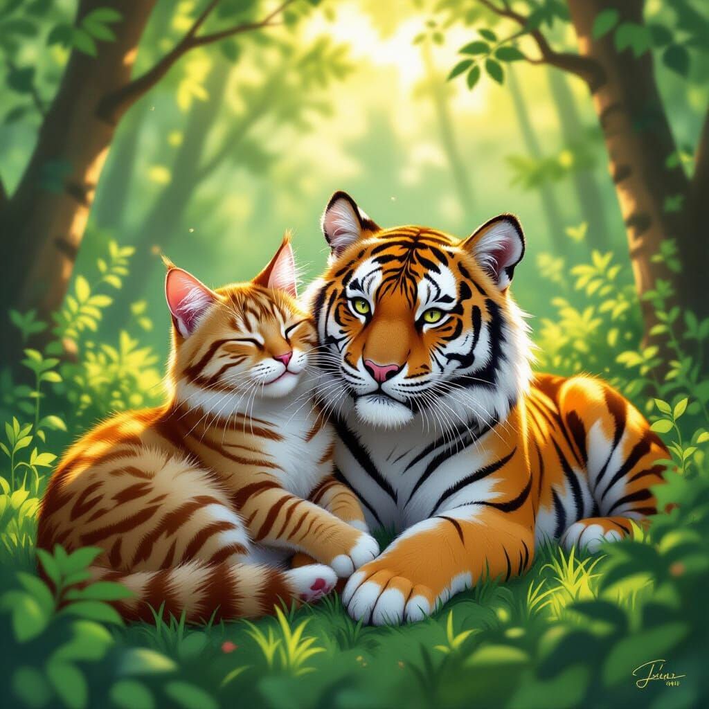 Playful Cat and Tiger in Sunlit Forest