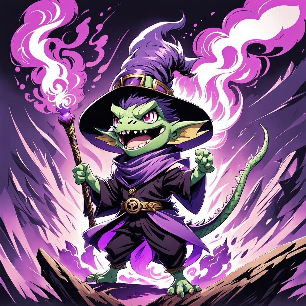 Chibi Lizardman Witch Laughing in Cartoon Anime Style