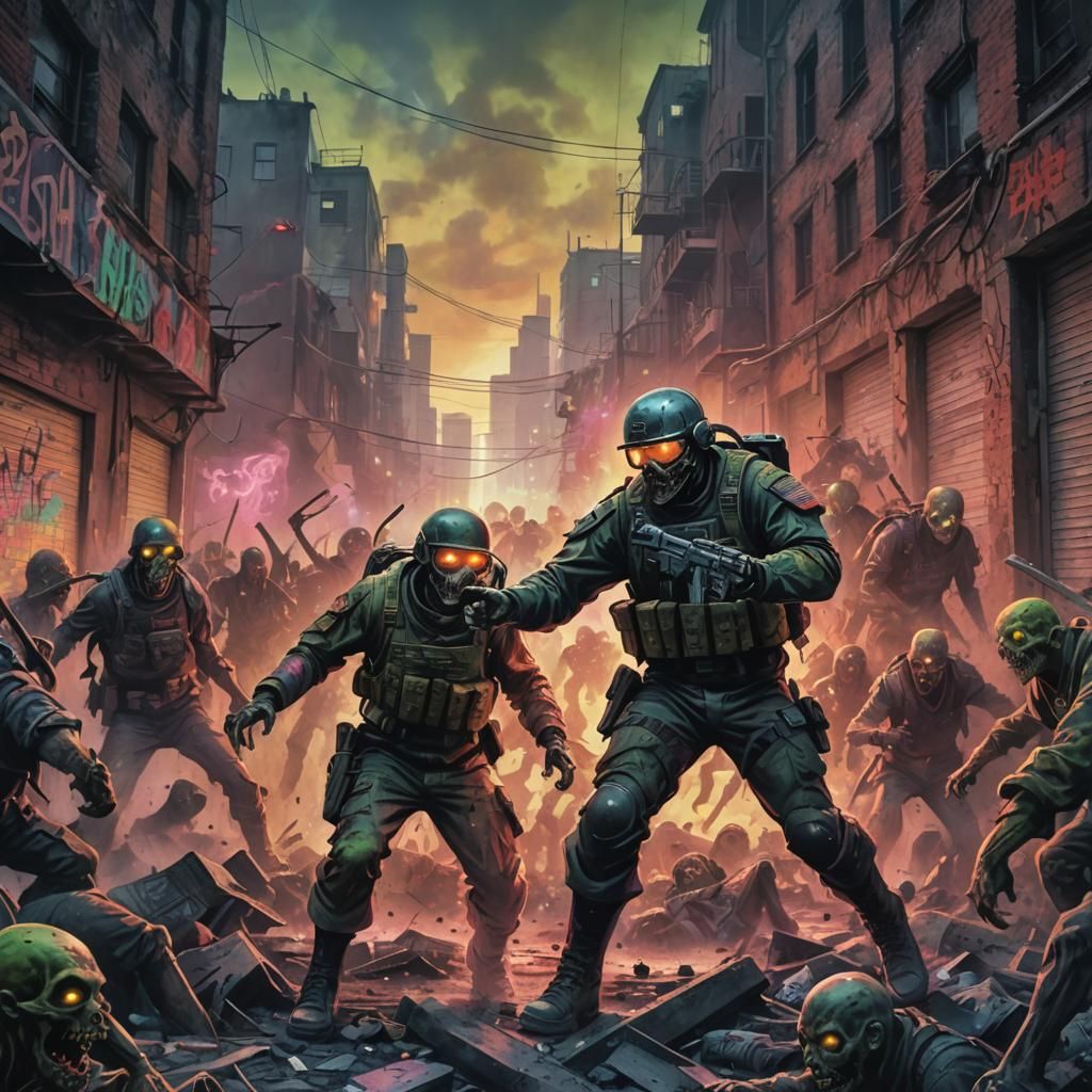 Dystopian Graffiti Art: Soldier vs. Zombies