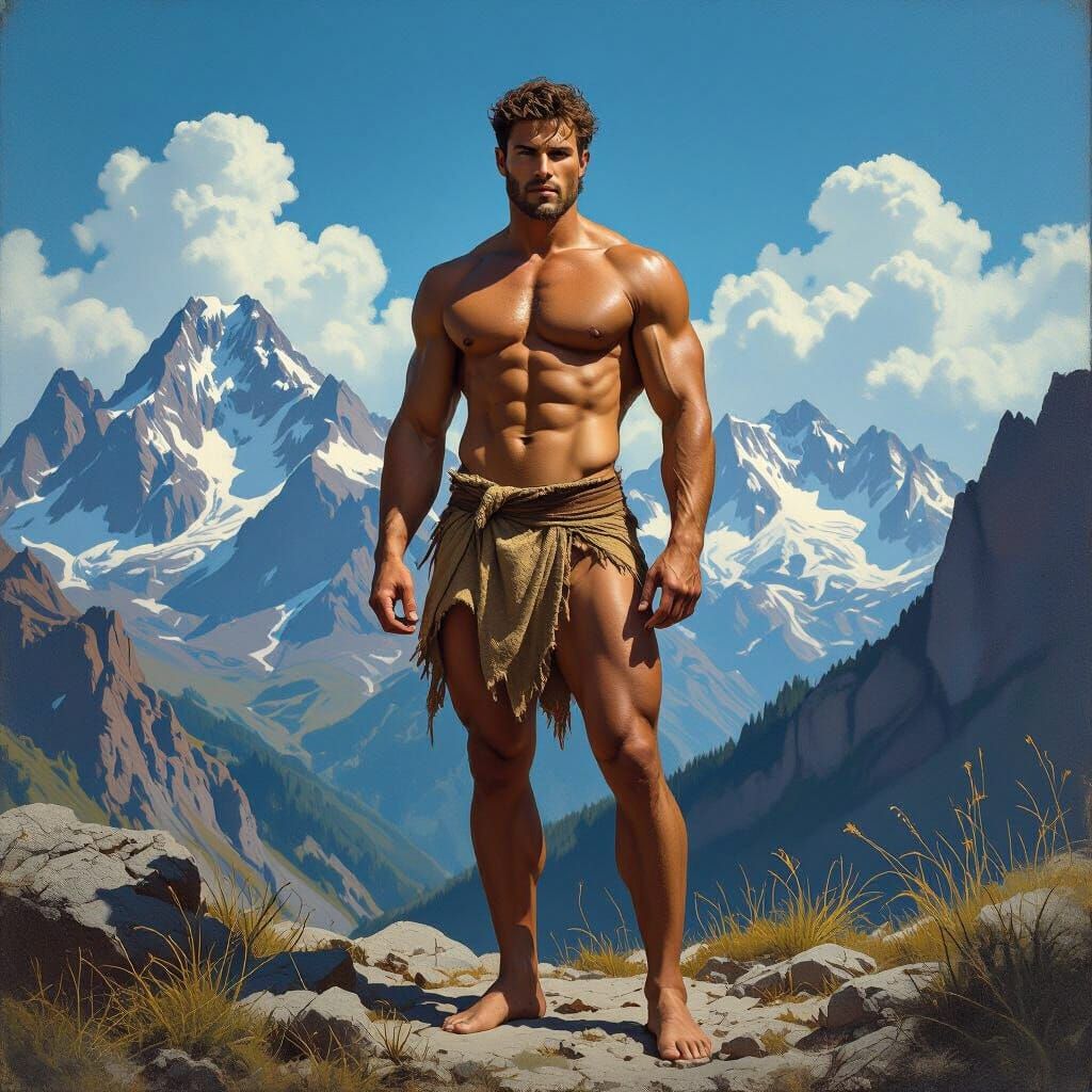 Muscular Man in Rugged Mountains, Realistic Oil Painting