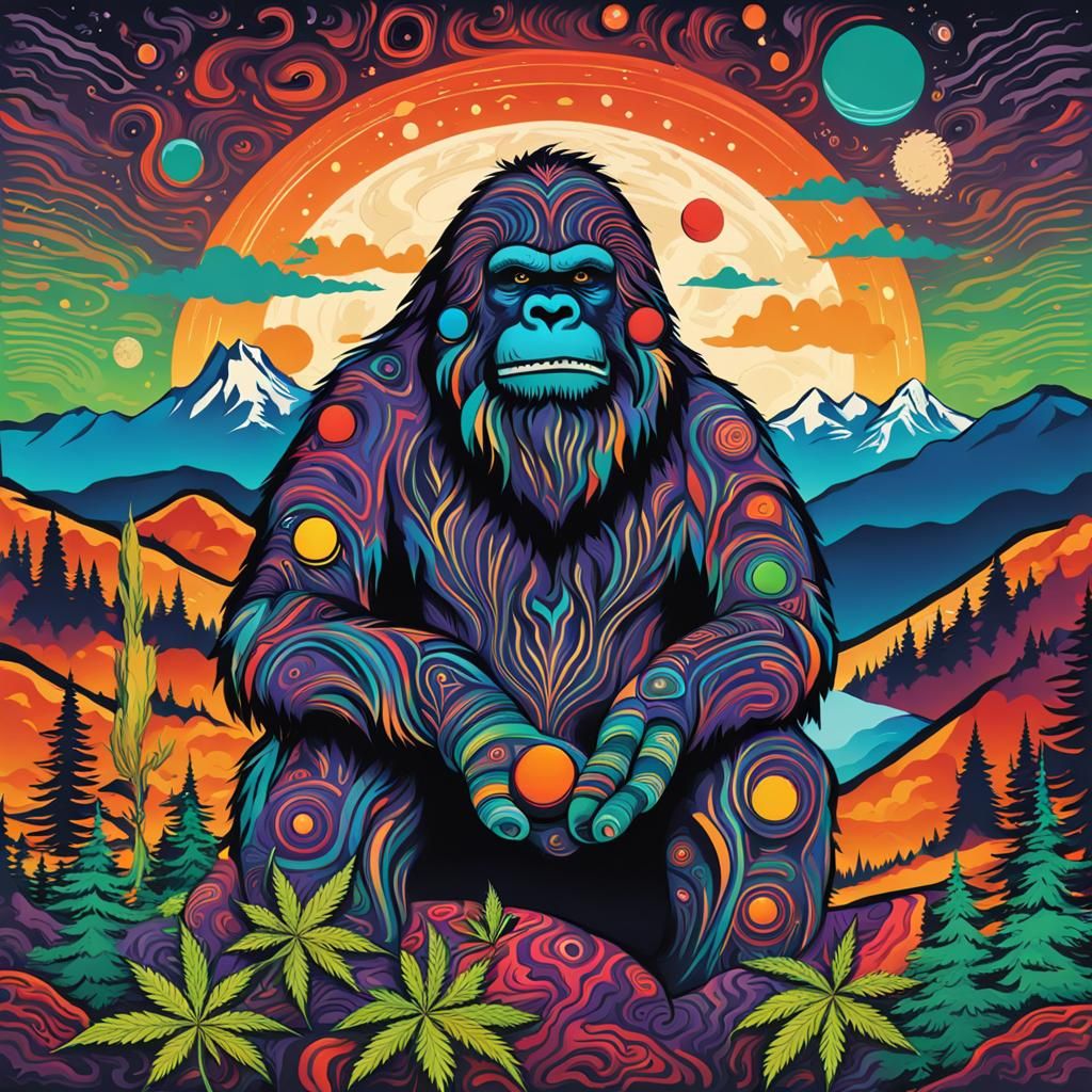 Tribal Bigfoot Smoking in Colorful Valley