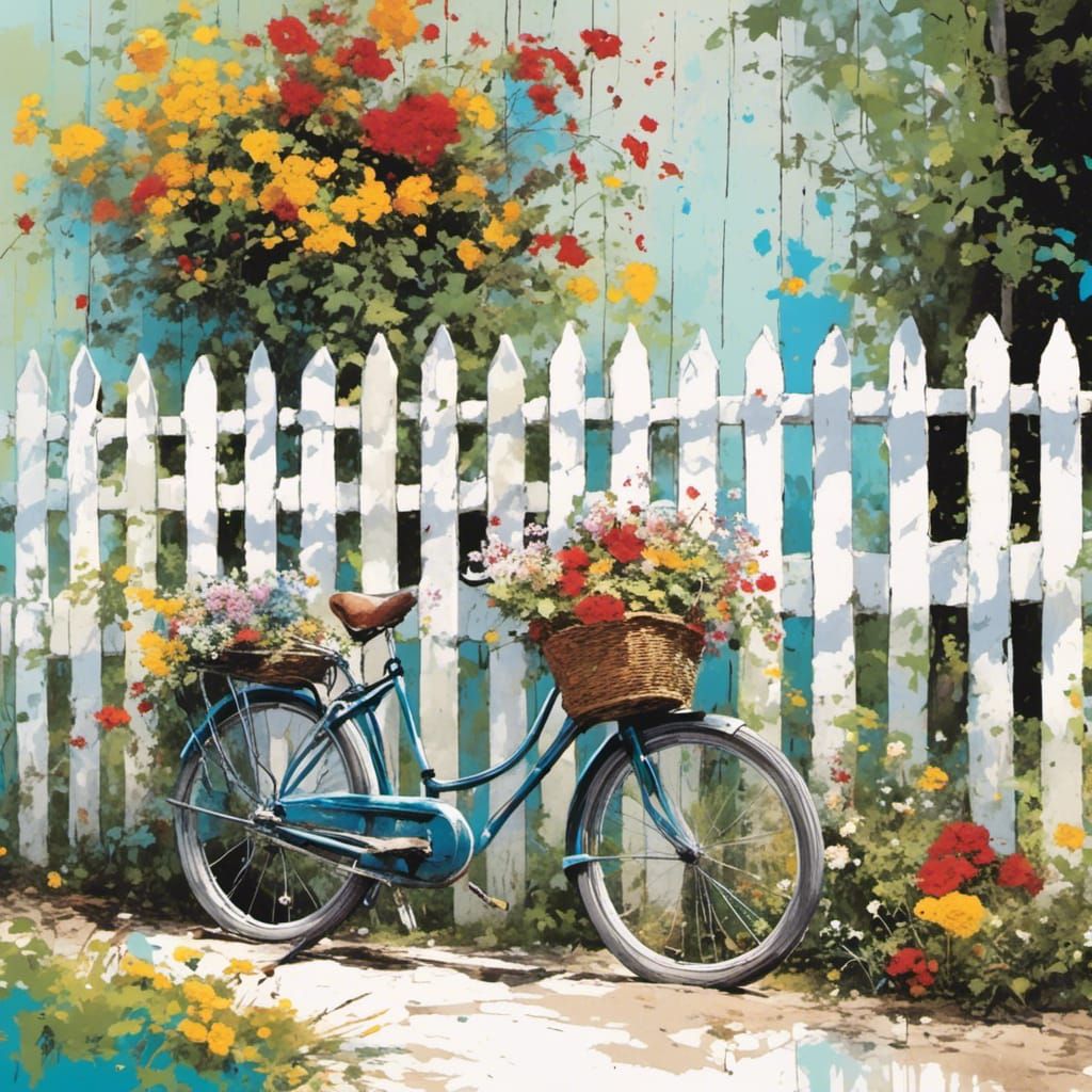 Floral Graffiti: Bicycle Leaning on Picket Fence