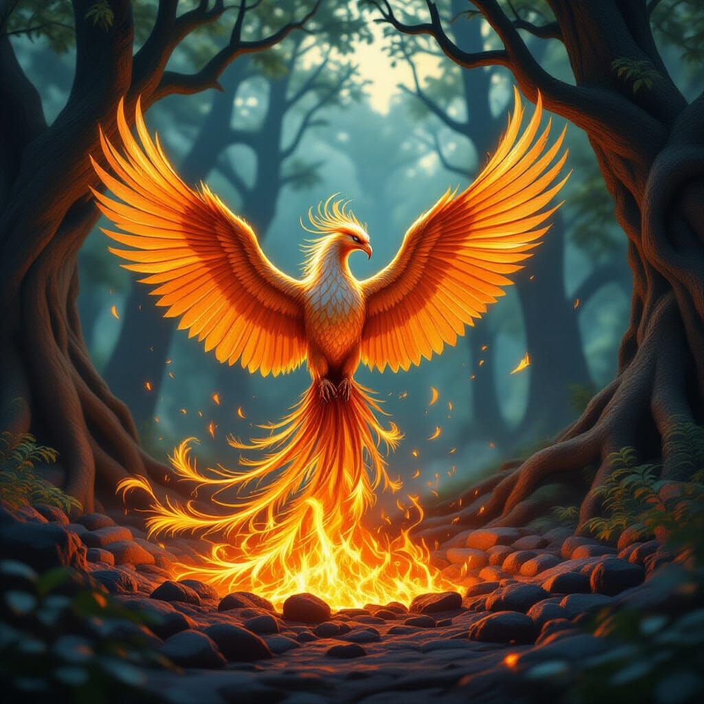 Majestic Phoenix Rises From Embers in Mystical Forest
