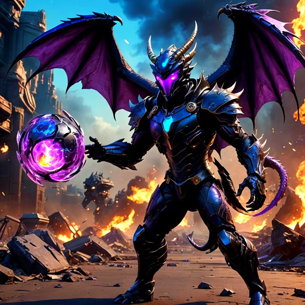 Cybernetic Dragon Supervillain with Blue Fireball