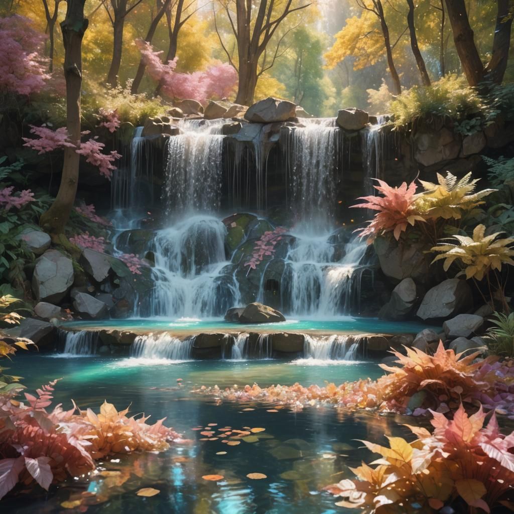 Glowing Waterfall in Pastel Forest, Unreal Engine