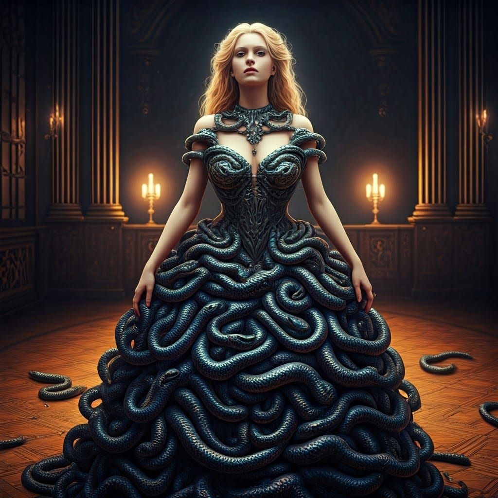 Woman in Serpent Gown, Hyperrealistic Oil Painting
