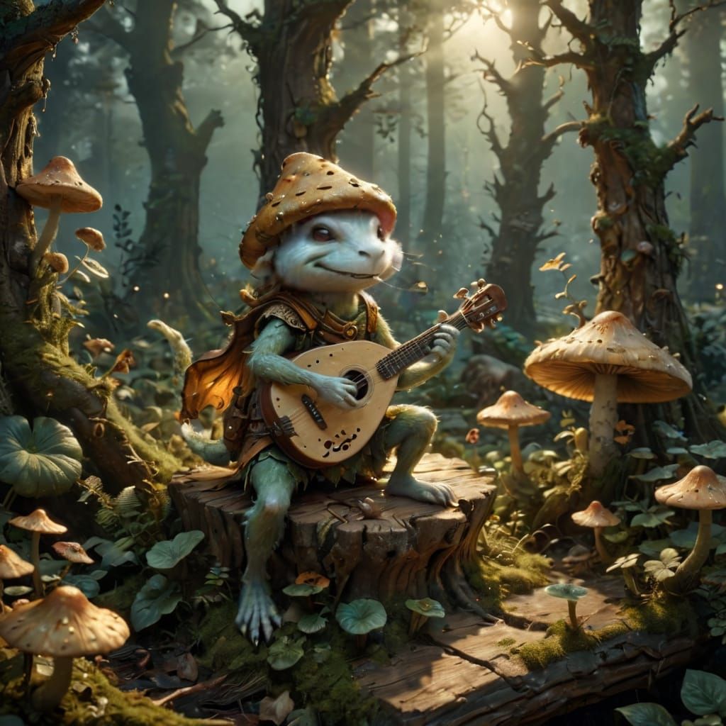 Fantasy Mushroom Musician in Whimsical Folk Art Style
