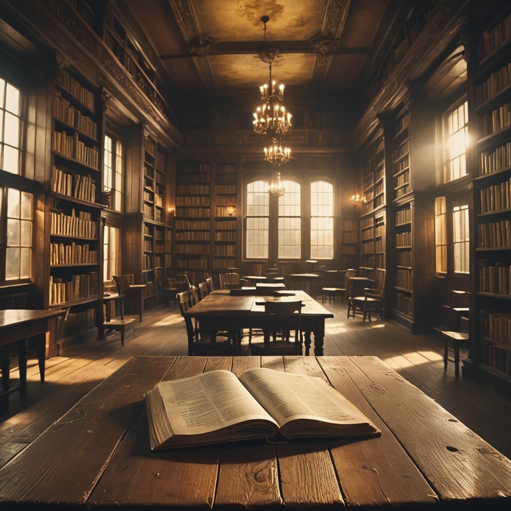 Open Book in Antique Library: Cinematic Still