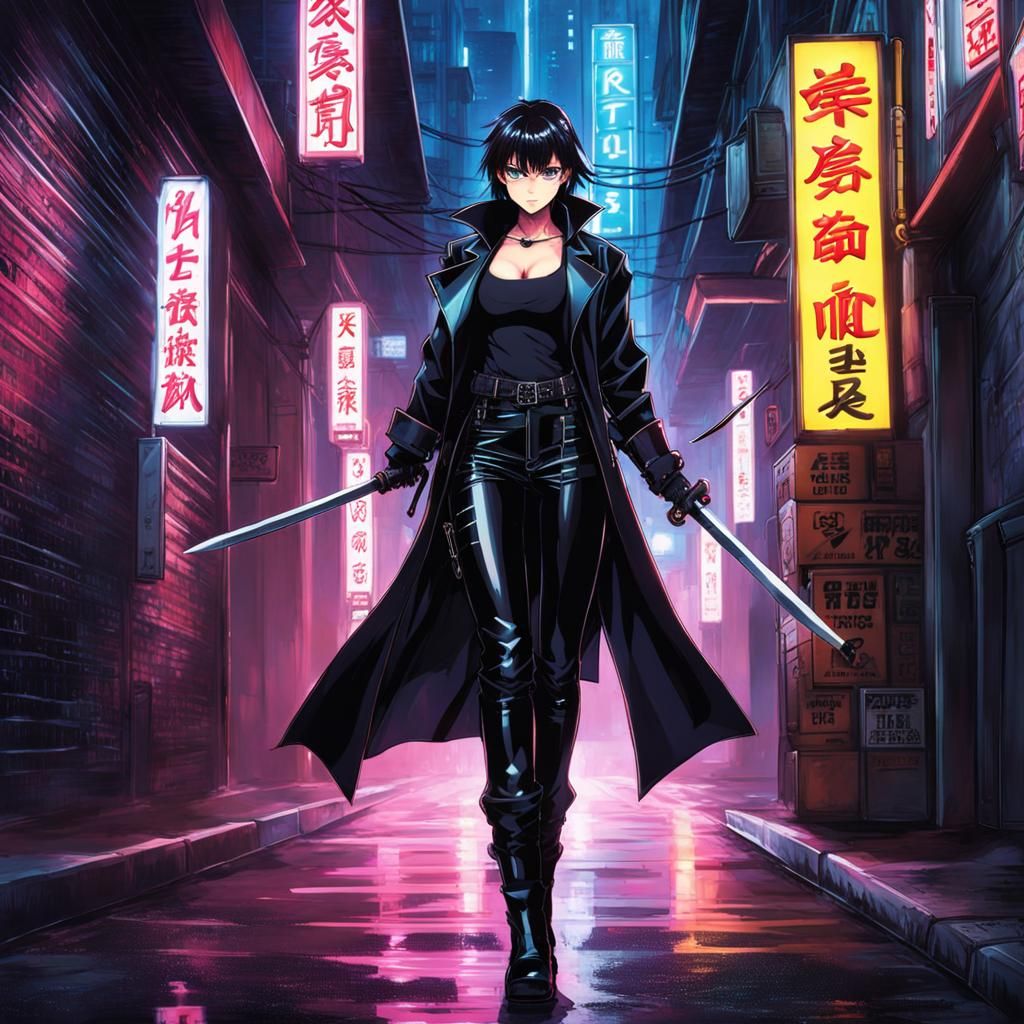 Anime Art Girl in Matrix-Themed Alleyway