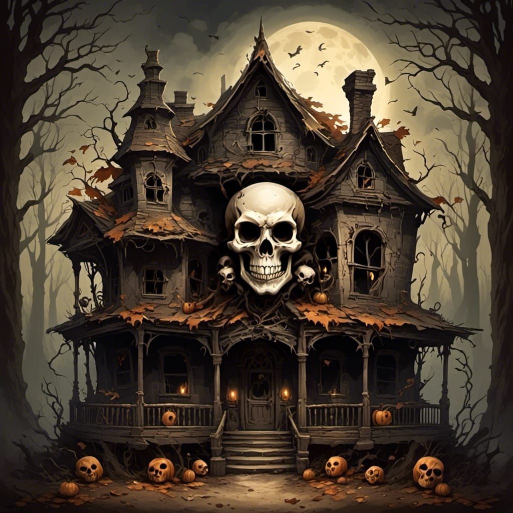 Haunted House Skull in Folk Tale Style