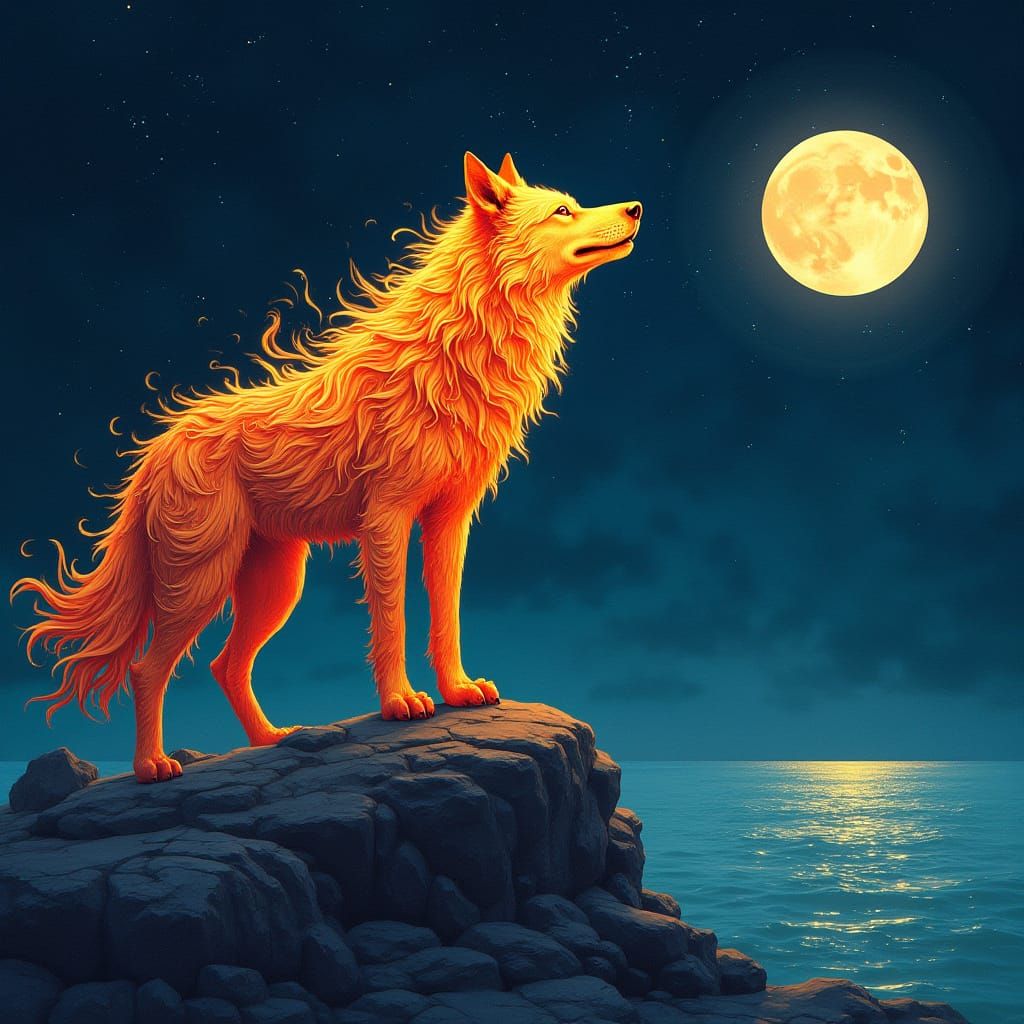 Majestic Flame-Water Wolf Howls at Full Moon