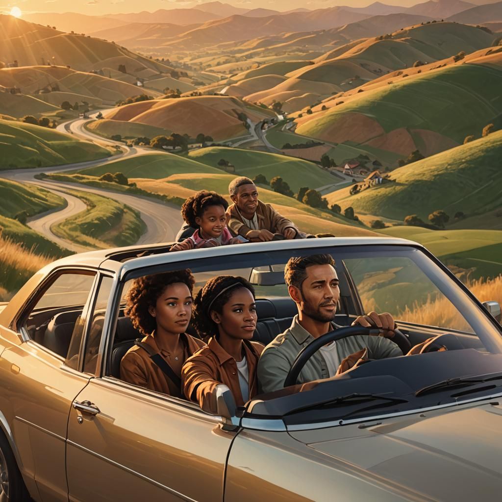 Family's Golden Hour Drive: Hyperrealistic Concept Art