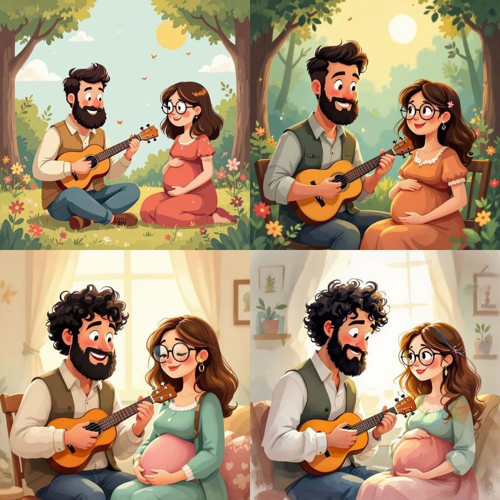 Man Playing Ukulele for Pregnant Woman Illustration