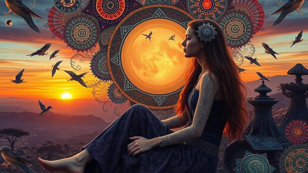 Surrealist Cosmic Goddess in Vibrant Sunset Landscape