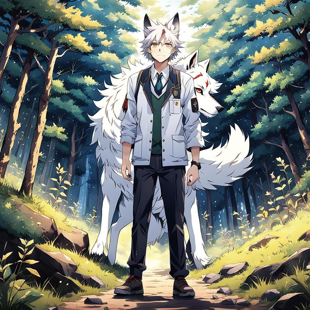 Anime Schoolboy with Wolf Ears in Wilderness
