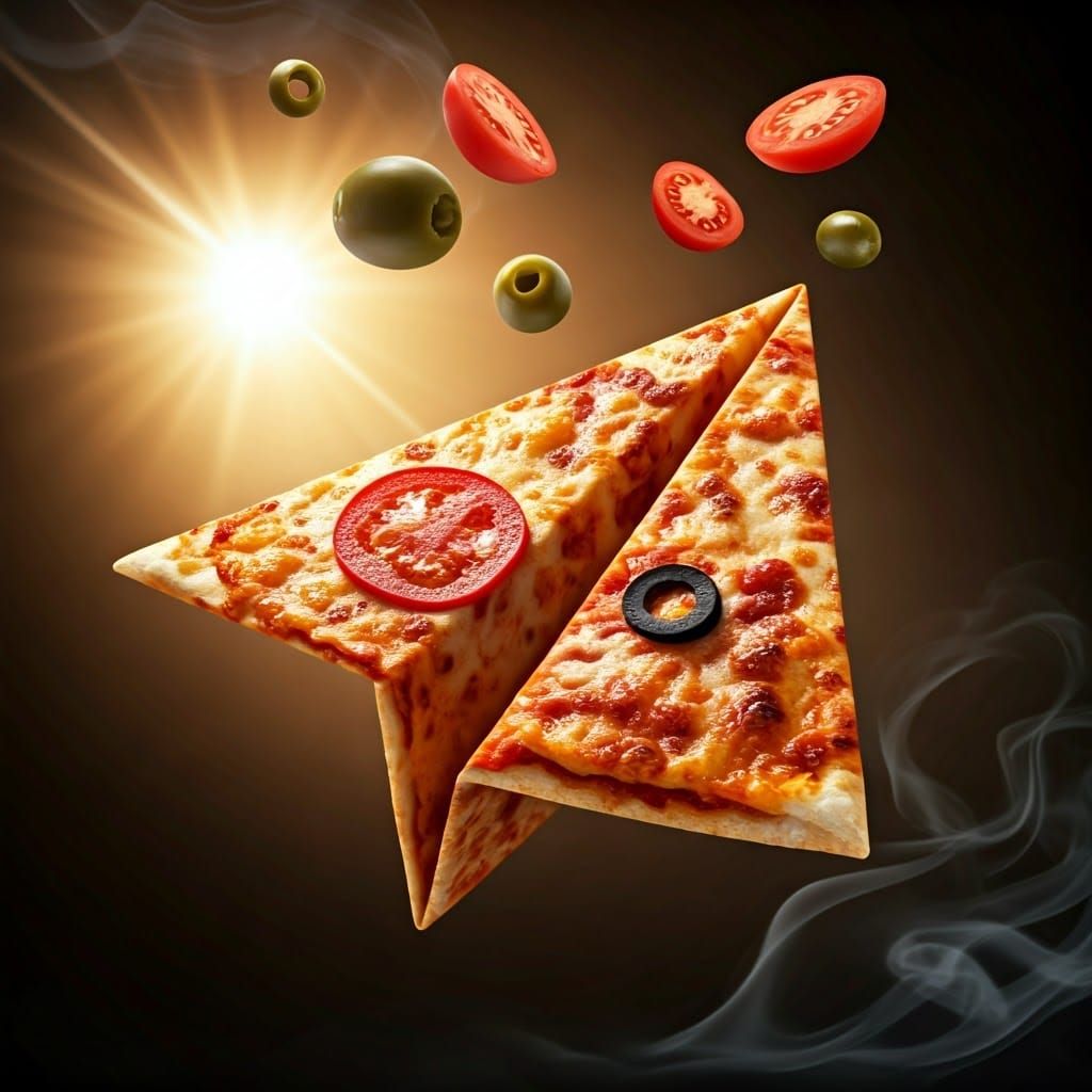 Delicious Pizza Paper Airplane Soars Amidst Olive and Tomato...