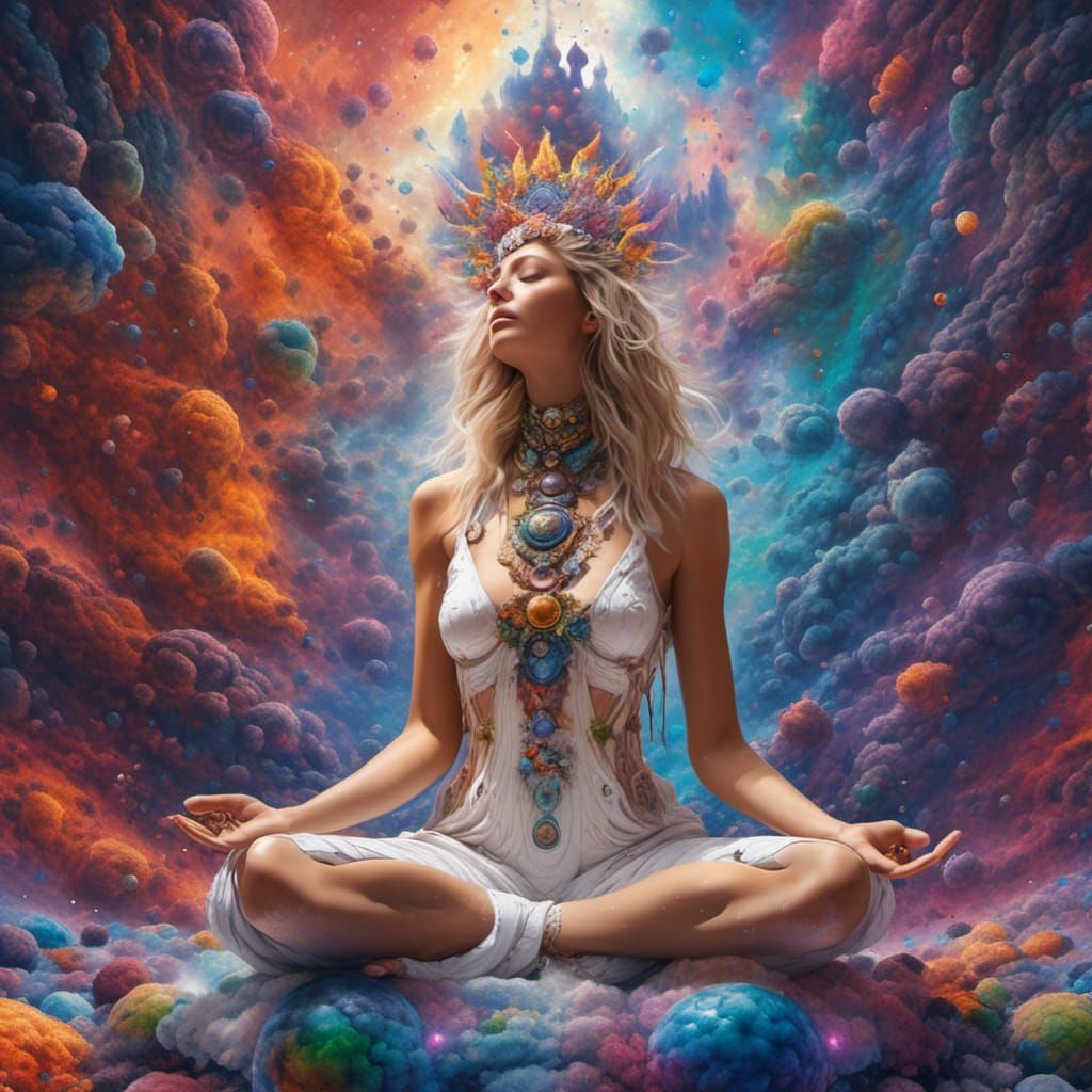 Goddess Meditating in Galaxy, Detailed Digital Art