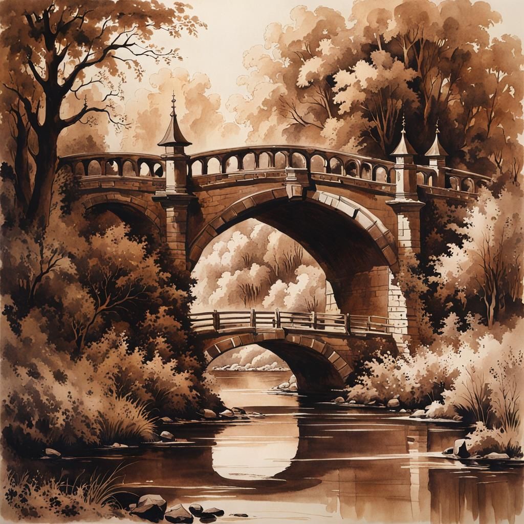 Idyllic Medieval Bridge in Brown Ink Wash