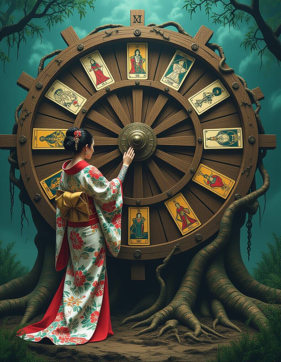 Woman and Colossal Tarot Wheel Embedded in Earth