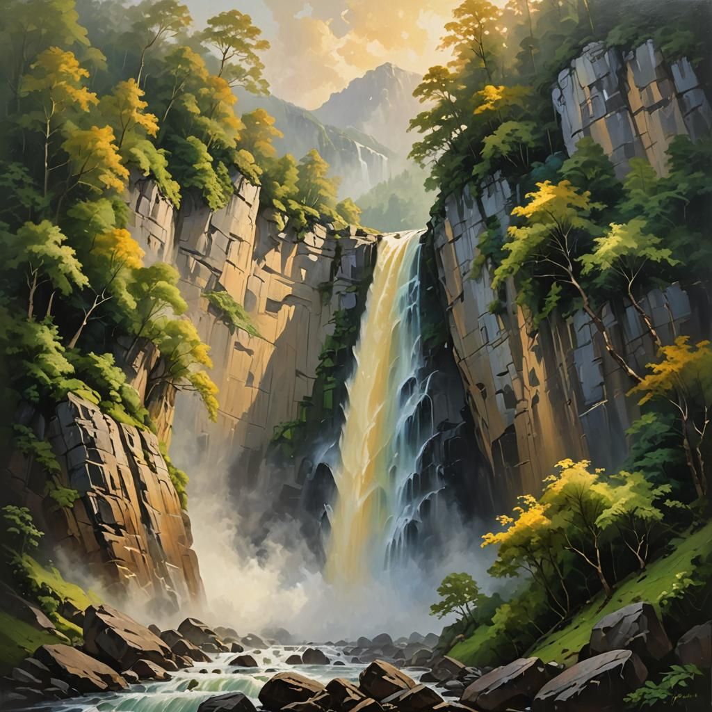 Majestic Waterfall Landscape in Giger-Inspired Style