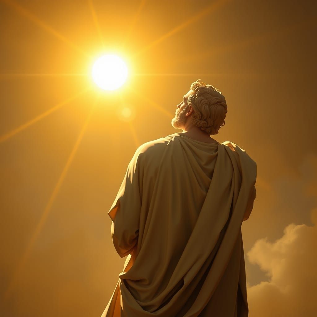 Plato seen from behind looking at the sun