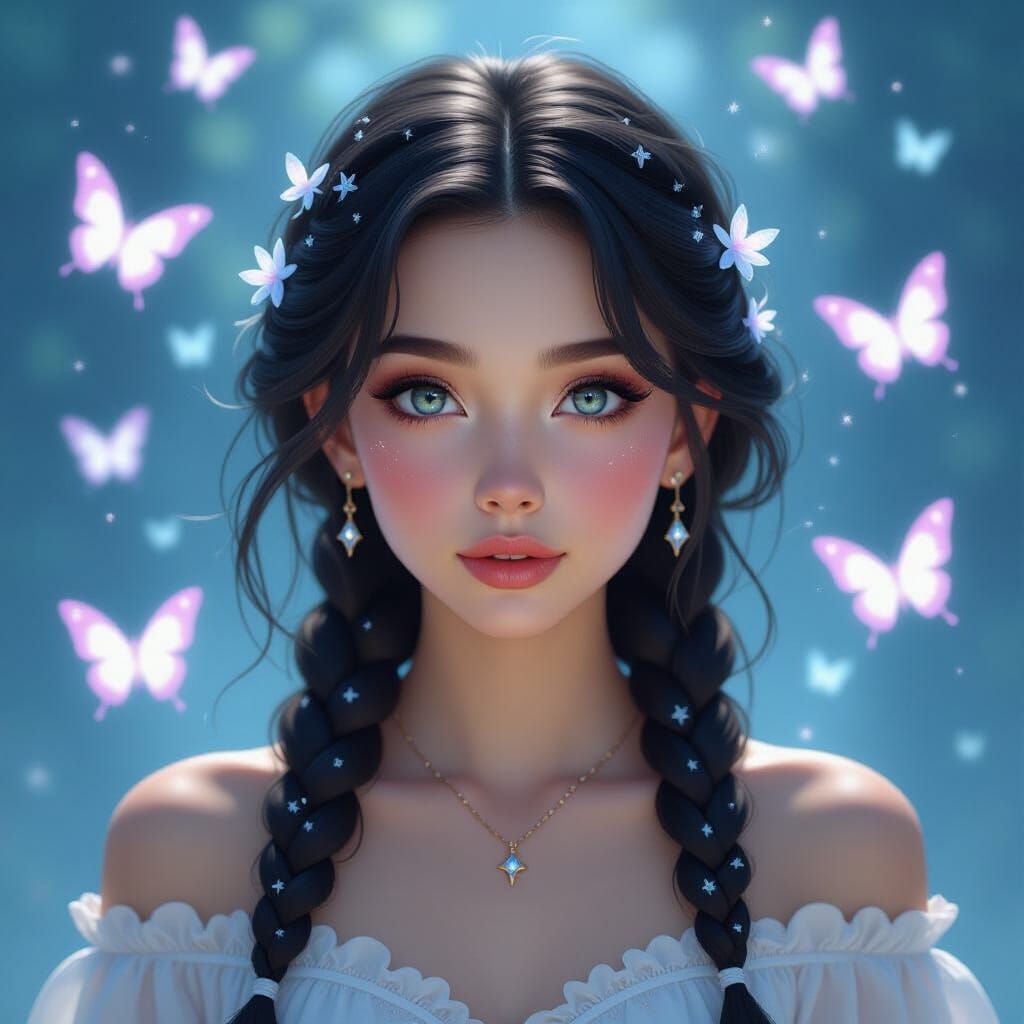 Stunning Girl with Stardust Braids and Butterflies