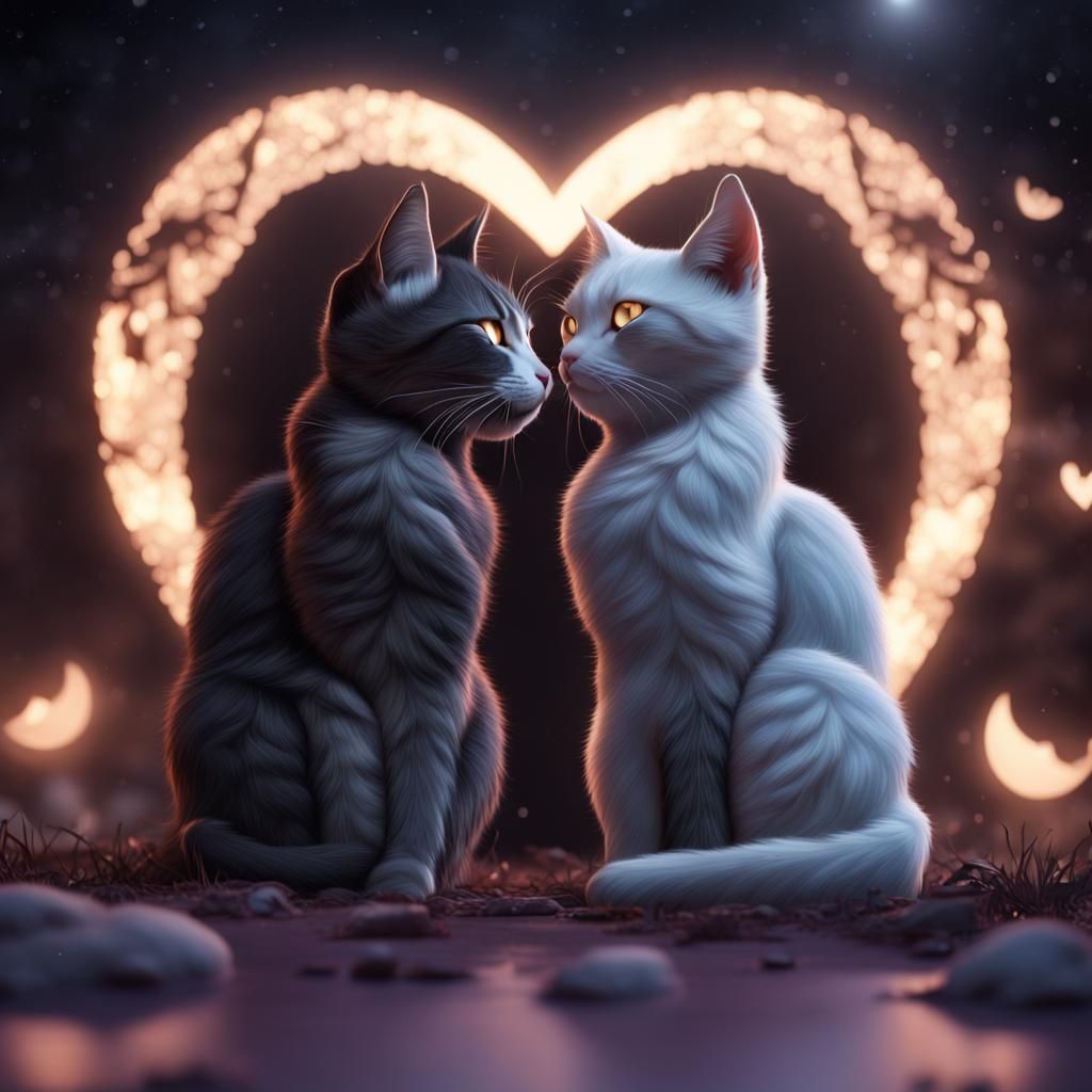 Cats Cuddle in Heart Shape: Realistic 3D Render