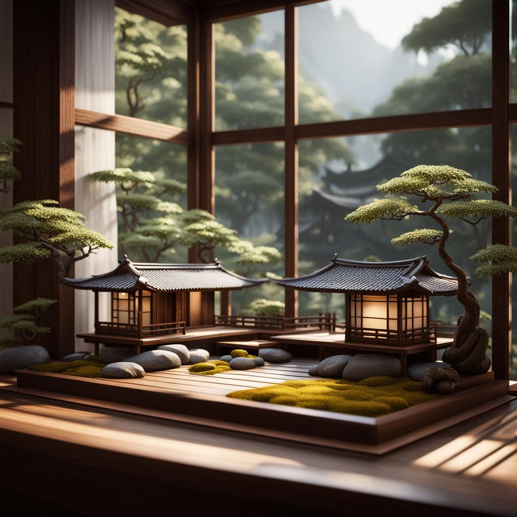 Miniature Zen Garden Bungalow: 3D Game Cinematic Render