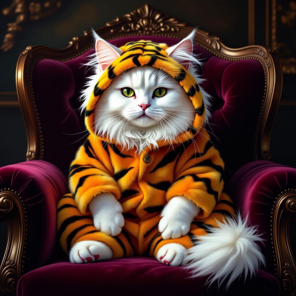 Fluffy Cat in Tiger Costume on Velvet Cushion