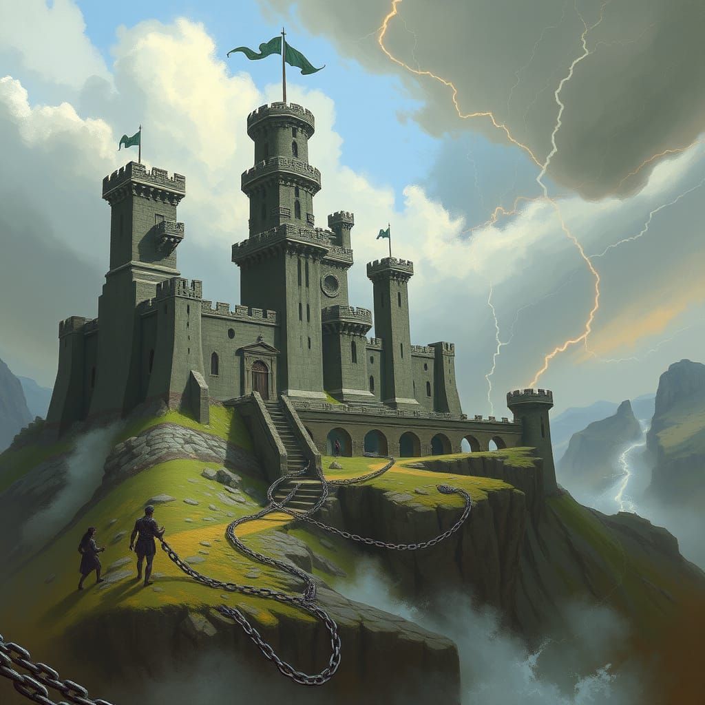 Cyberpunk Citadel Anchored Against Stormy Skies