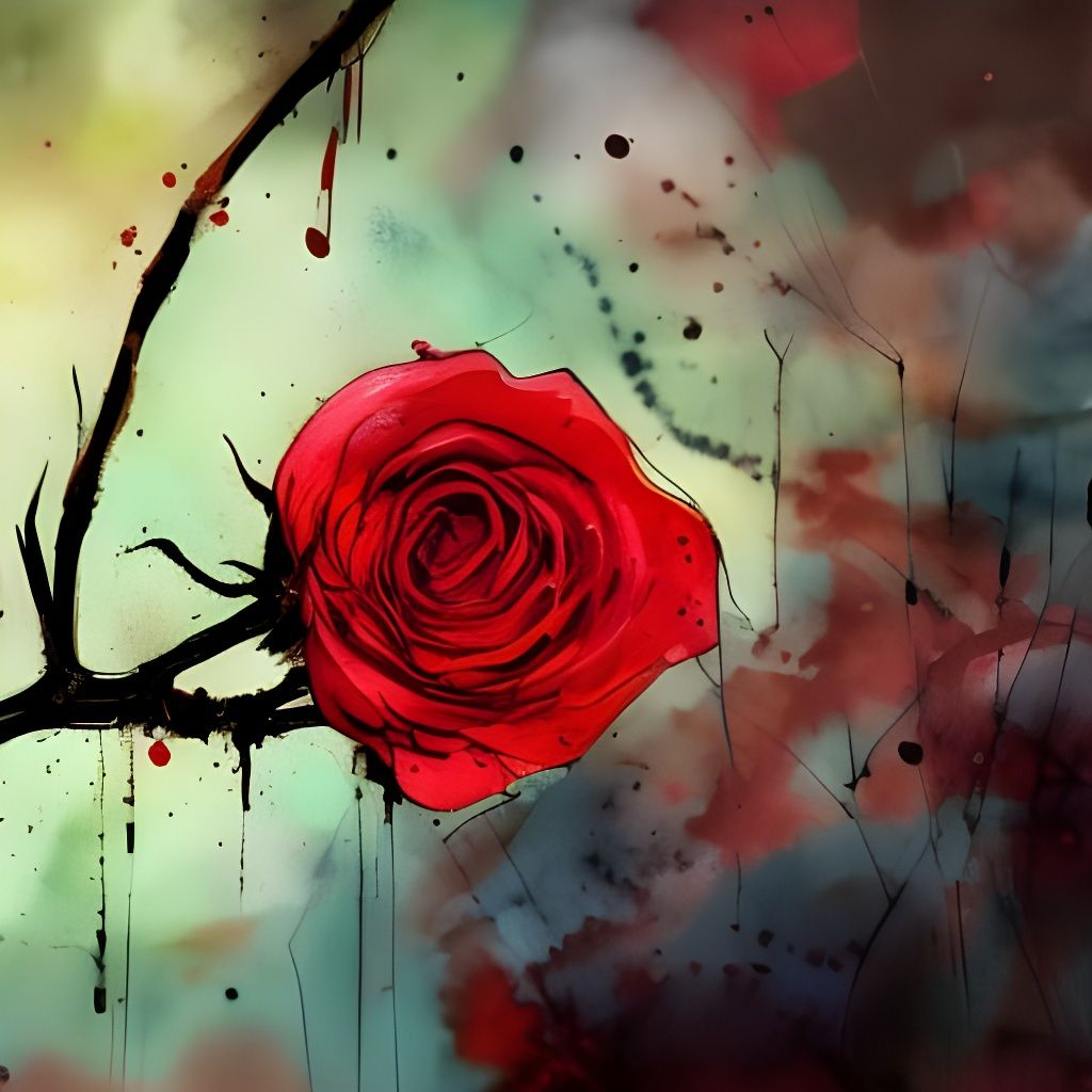 Hyperrealistic Rose Branch in Watercolor and Pen Style