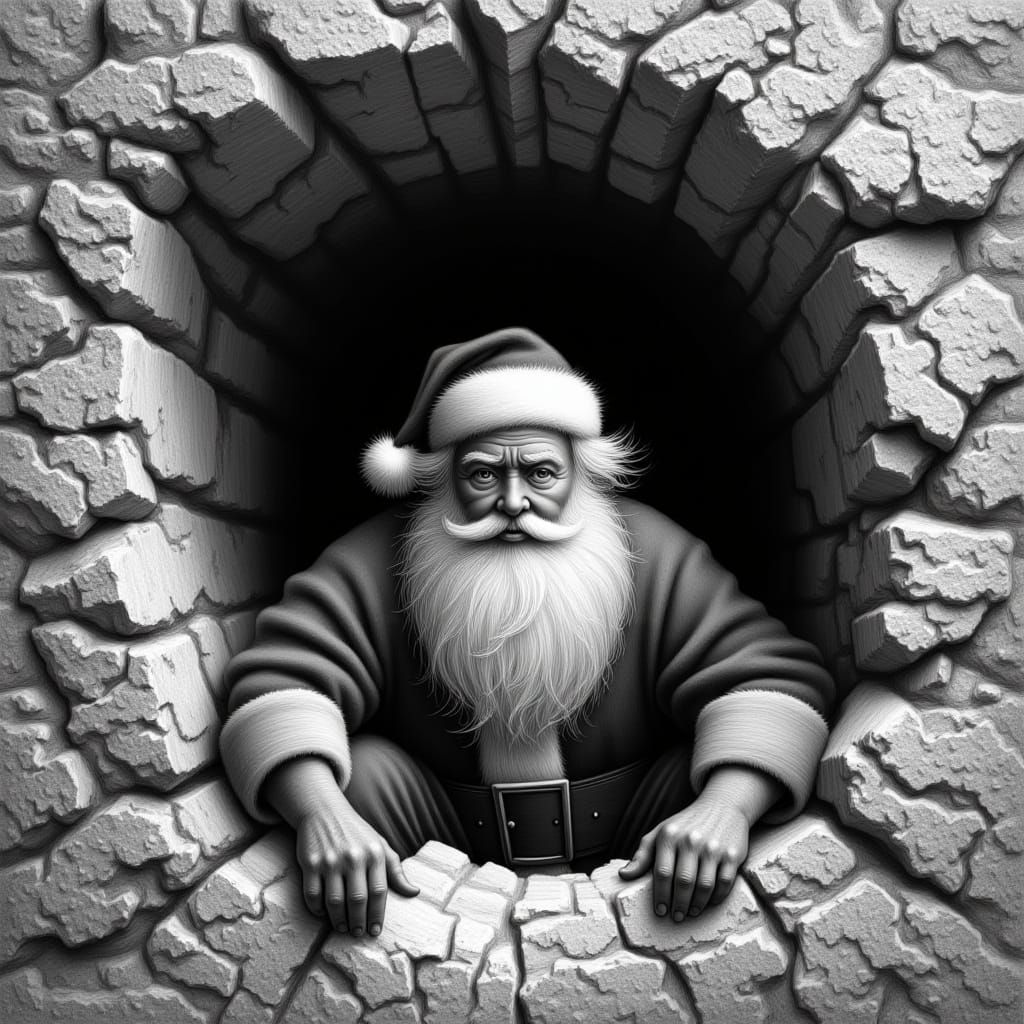 Dramatic Black and White Portrait of Santa Emerging from Wal...