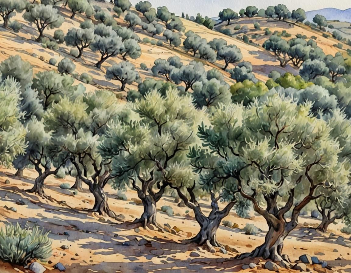 Watercolor Painting of a Peaceful Olive Grove