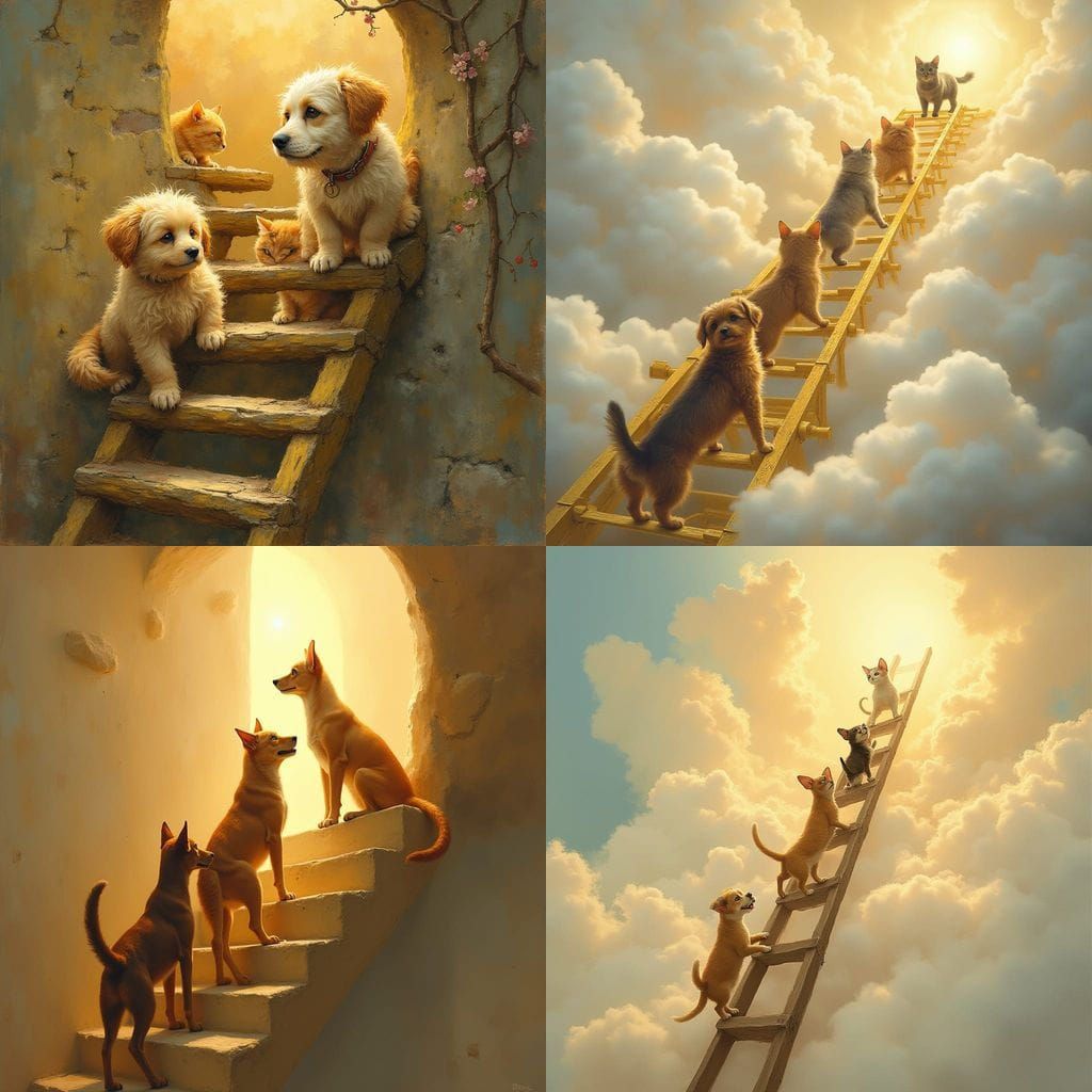 Dogs and Cats Climb to Heaven: An Oil Painting
