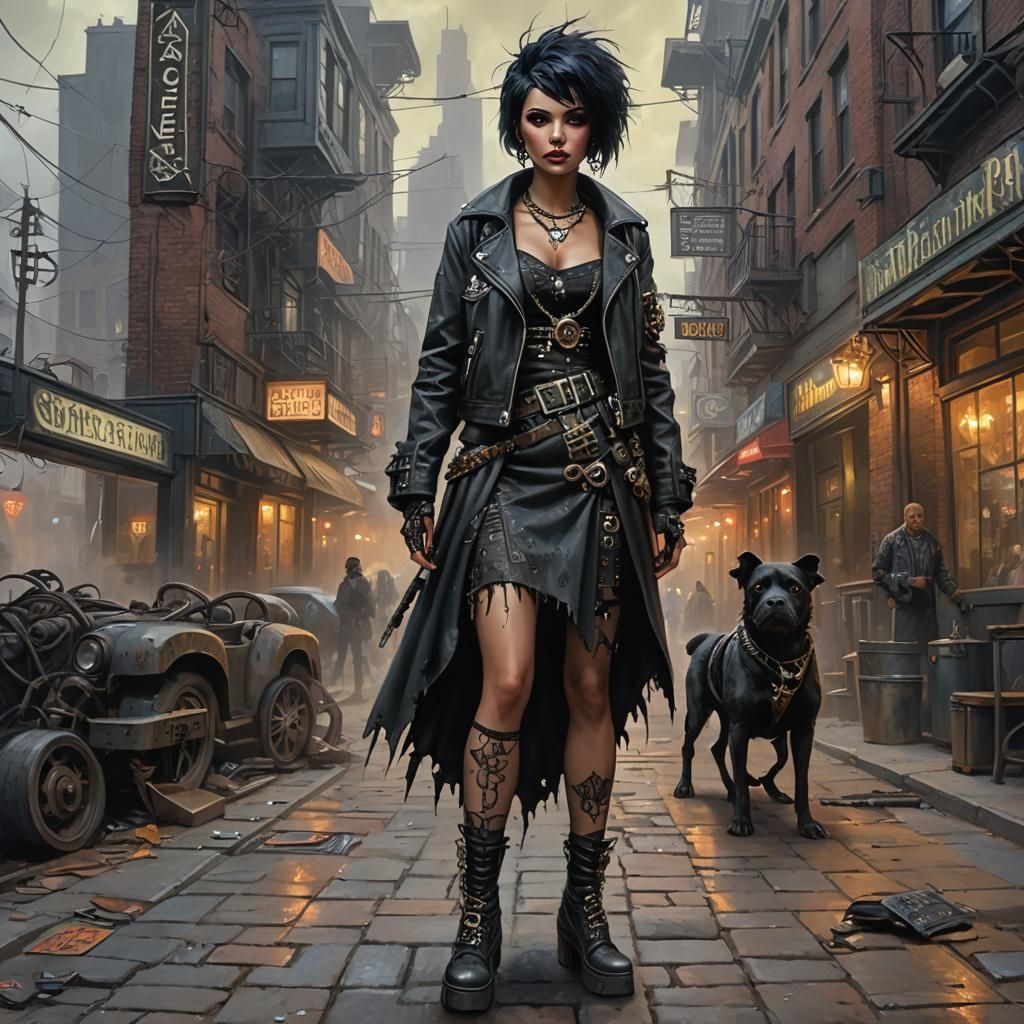 Dieselpunk Lady in Dystopian Cityscape