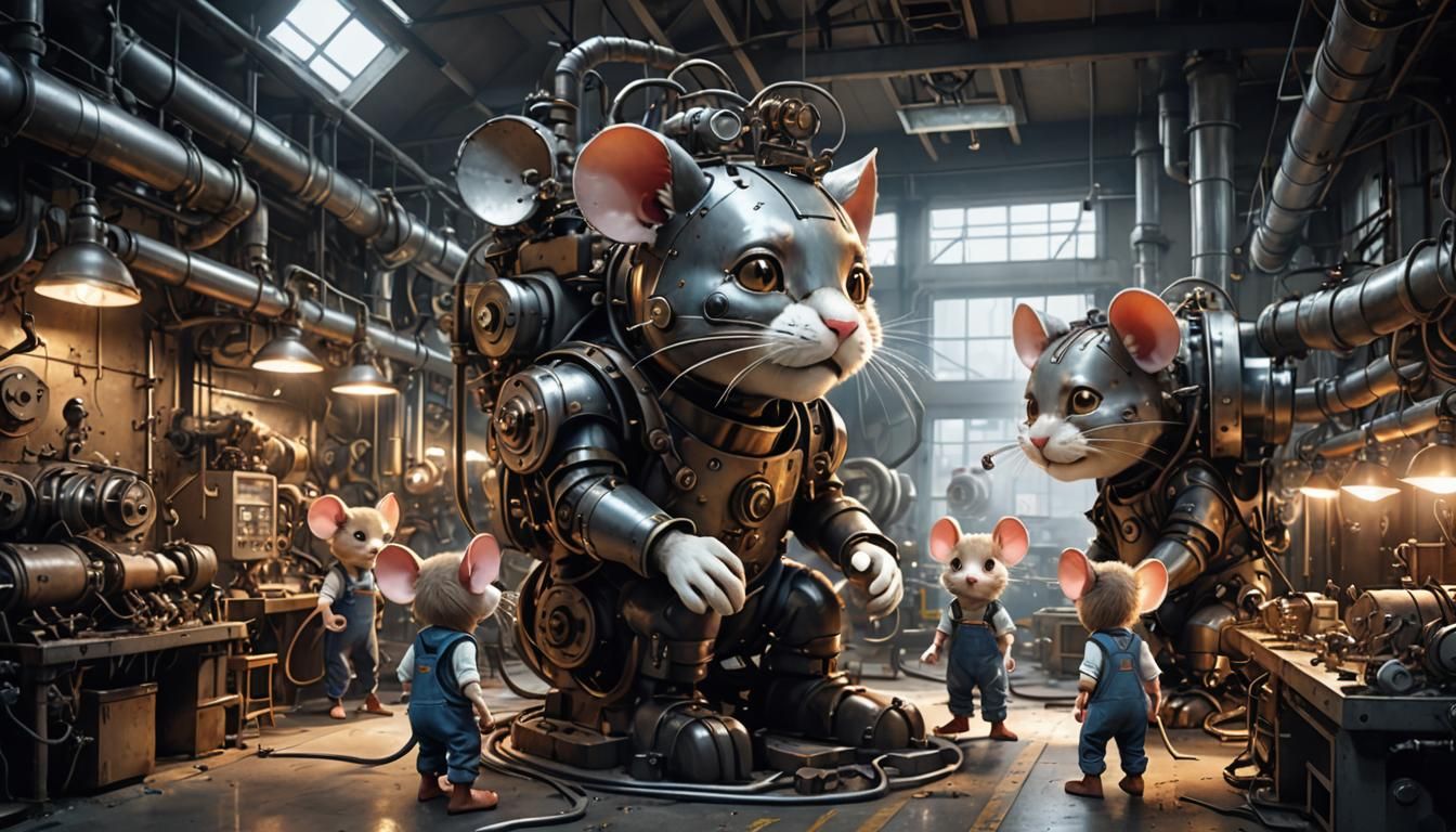 Mice Build Mechanical Cat: Anime Factory Scene