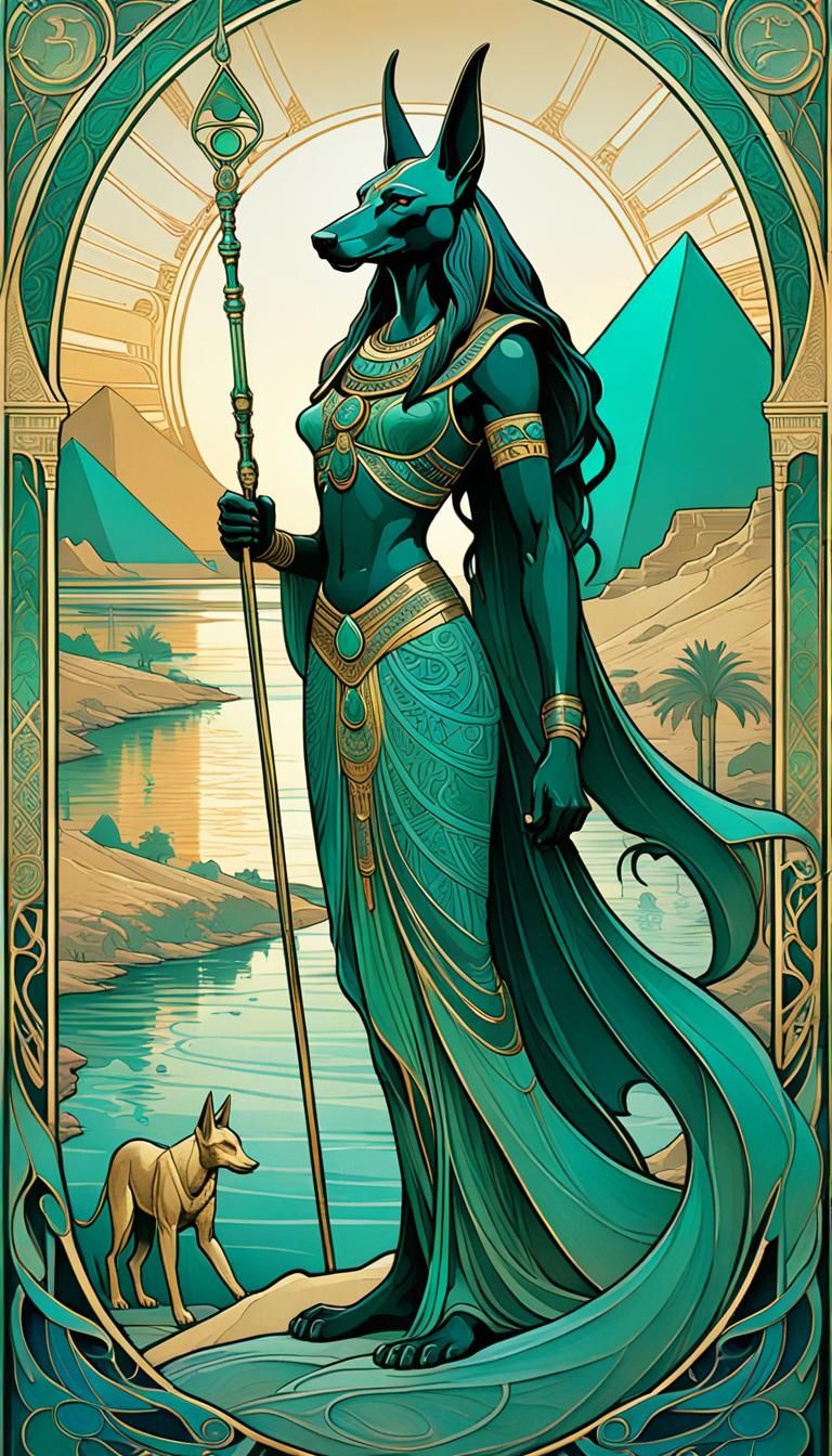Anubis Overlooking Giza in Art Nouveau Style