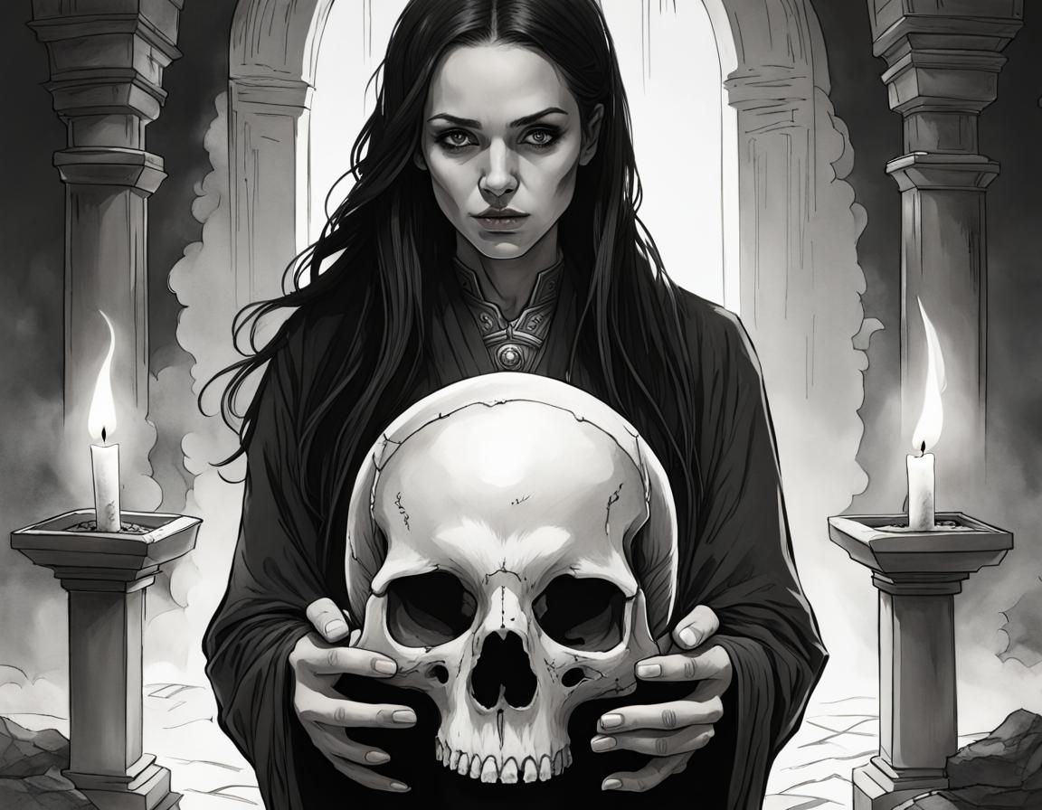 Monochrome Drawing of Figure Holding Skull in Horror Game